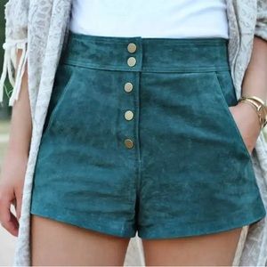 Zara Green Suede Leather Button Fly High Waist Shorts sz S
